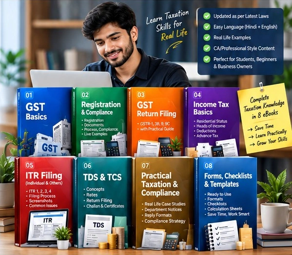 Taxation learner with the eight colourful GST, Income Tax, ITR, TDS and compliance eBook bundles